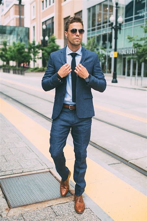 men's blue suit brown shoes